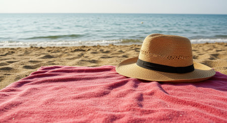 Summer vacation concept with a straw sun hat and a pink towel on a sandy beach. Calm ocean waves and clear sky create a relaxing tropical holiday sceneの素材