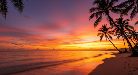 A stunning tropical beach sunset featuring vibrant colors, palm trees silhouetted against the colorful sky, and a calm ocean reflecting the warm light.の素材