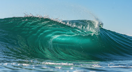 A close-up of a powerful wave breaking in the ocean, showcasing the turquoise water, white foam, and the clear blue sky above.の素材