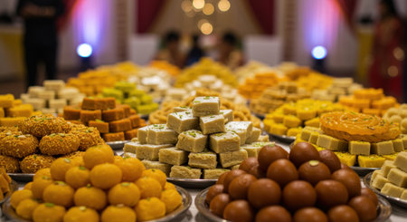Vibrant display of assorted traditional Indian sweets mithai like ladoo and barfi. Festive dessert buffet for cultural celebrations, weddings, or Diwaliの素材