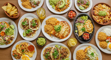 A vibrant flat lay of various Mexican dishes including tacos, enchiladas, rice, guacamole, and tortilla chips, spread across a wooden table. A true fiestaの素材