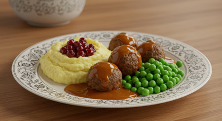 Traditional Norwegian meatballs with mashed potatoes, peas, gravy, and lingonberry jam. A hearty Scandinavian comfort food meal on a plateの素材