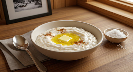 Rommegrot, traditional Norwegian sour cream porridge with melted butter, cinnamon, and sugar. Simple, warm, comforting homemade dish.の素材