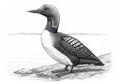 Detailed pencil drawing of a Red-throated Loon bird standing on rocks near water. Handdrawn illustration with sketched landscape background.の素材