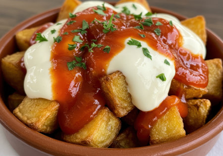 Patatas Bravas appetizer. Fried potato cubes with white and red sauce, parsley. Still life in rustic bowl on blurred background.の素材