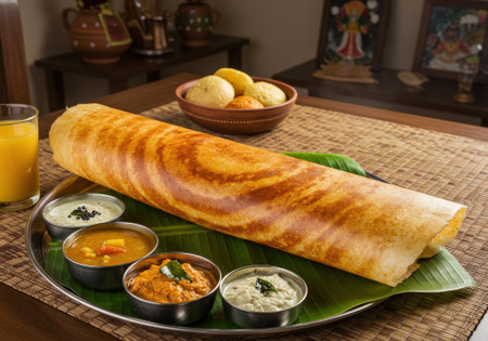 Delicious Dosa served on banana leaf with dipping sauces. South Indian food on metal plate with blurred interior background.の素材