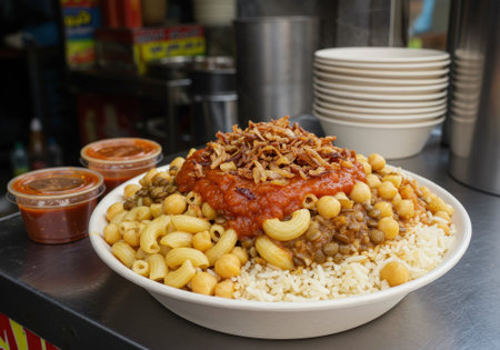 Delicious Koshary street food meal. Rice, macaroni, lentil, chickpea, crispy onion, spicy tomato sauce served in bowl with blurred background.の素材