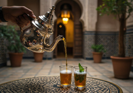 Moroccan Mint Tea poured from silver teapot into glass with mint leaf. Served on metal table in blurred outdoor courtyard background with plants and architecture.の素材