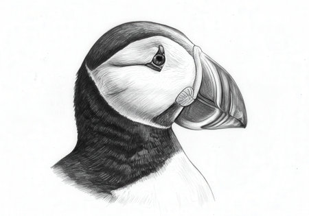 Black and white detailed pencil sketch portrait of a puffin head. Handdrawn illustration artwork on plain white background.の素材