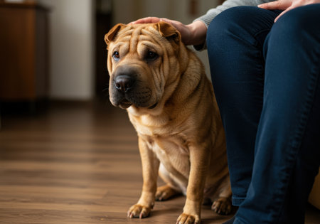Shar Pei dog sits calmly indoors as human hand gently pets its wrinkled head. Pet and owner bond in cozy home setting.の素材