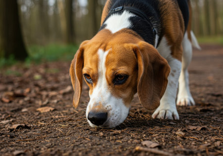 Beagle dog sniffing the ground closely on a forest path. Scenting activity outdoors in natural environment. Breed behavior.の素材