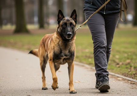 Belgian Malinois dog on leash walks beside a human on a paved path outdoors. Pet and owner activity in a park setting.の素材