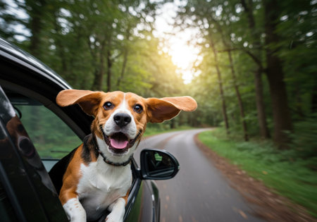 Happy Beagle dog with head out car window enjoying a ride. Travel and adventure scene outdoors on forest road with sunlight. Pure joy.の素材