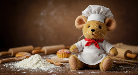 A mouse dressed as a chef is surrounded by baking ingredients in a warm kitchen, ready to create sweet treats.の素材
