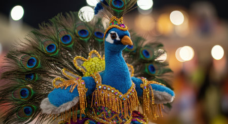 A vibrant peacock sculpture displays intricate details, shimmering jewels, and colorful feathers at a lively festival.の素材