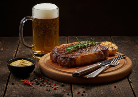 Still life with grilled steak, beer mug, mustard, spices, fork, knife on round wooden board. Dark table background. Delicious food and drink composition.の素材