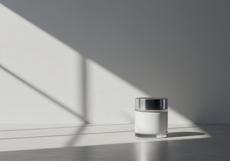 A white cream jar rests on a smooth surface, illuminated by soft natural light creating geometric shadows on the wall.の素材
