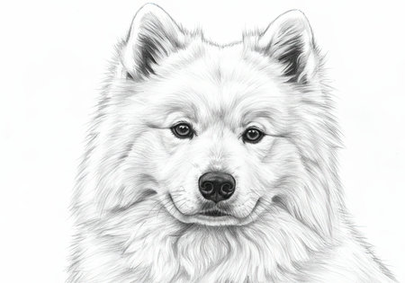 A Samoyed dog portrait drawing shows fluffy white fur happy smile head face black white on white background.の素材