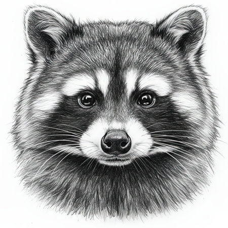 Black-and-white illustration of a raccoon's face, showing detailed fur and expressive eyes. The realistic drawing highlights the raccoon's distinct facial features.の素材