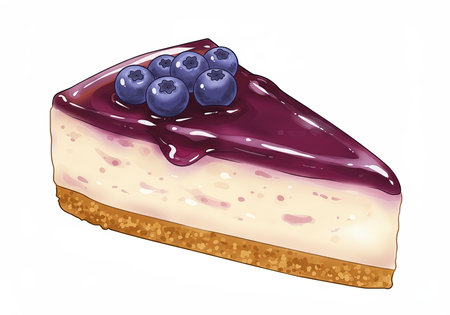 Delicious blueberry cheesecake slice with creamy filling crumb crust berry sauce and blueberries on a white background.の素材