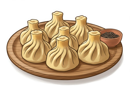 Appetizing several Georgian khinkali dumplings on a wooden plate with a bowl of black peppercorns.の素材