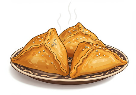 Delicious Uzbek samsa triangular pastry on a plate with sesame seeds on a white background.の素材