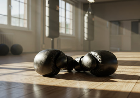 A pair of black boxing gloves lies on a wooden gym floor, with punching bags visible in the blurred background.の素材