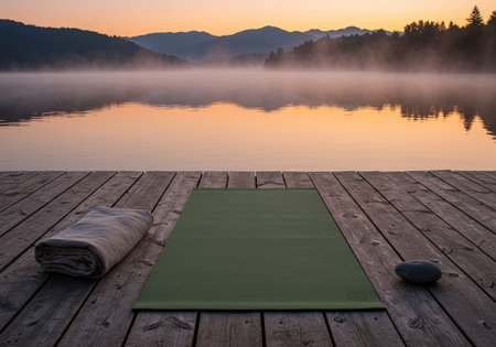A green yoga mat and rolled towel sit on a wooden dock overlooking misty lake with mountains and trees in the background under sunrise sky.の素材
