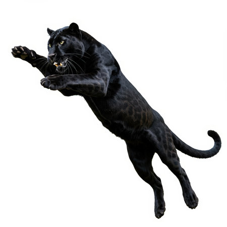 A black panther leaps against a white background. Its sleek, muscular body and open mouth with sharp teeth suggest motion and agility.の素材