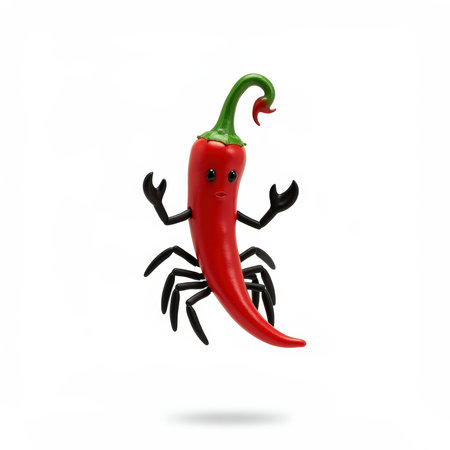 A cheerful red chili pepper character stands on a white background, featuring small eyes, a simple mouth, and black arms and legs, creating a playful image.の素材