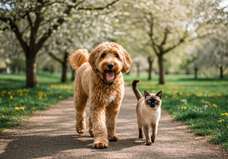 A fluffy Labradoodle dog and a Siamese cat with blue eyes are walking side-by-side on a path in a park with blooming trees.の素材