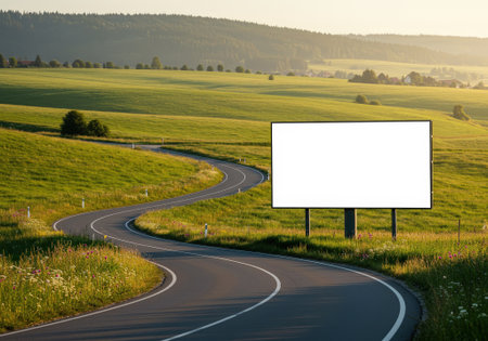 A winding road traverses a lush green landscape with an empty billboard positioned along the side during sunset.の素材