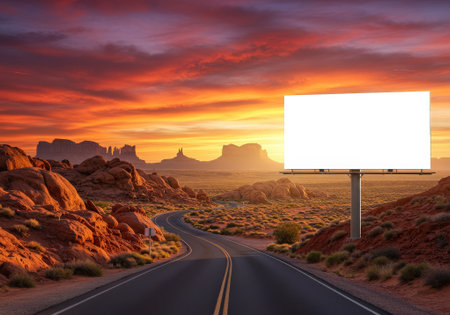 Colorful sunset illuminates the sky over Monument Valley while a blank billboard stands beside a winding road.の素材