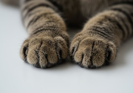 Two adorable striped cat paws are resting on a smooth white surface, showing their fluffy texture and delicate claws.の素材
