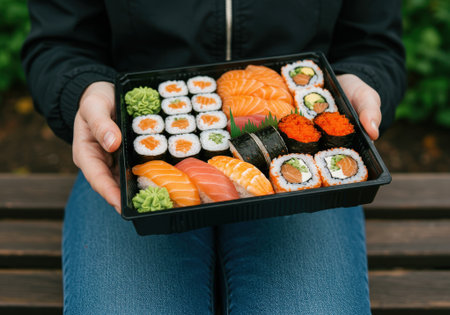 A person holds a black container filled with various sushi rolls, including salmon and avocado, while seated on a bench in a green park.の素材