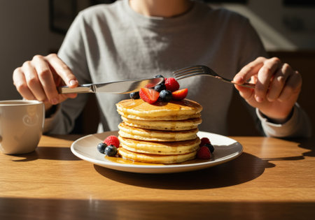 A stack of fluffy pancakes served with strawberries, blueberries, and syrup is ready for a delicious breakfast at a cafe.の素材
