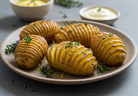 Golden brown Swedish Hasselback potatoes topped with herbs, presented on a rustic plate alongside creamy sauce, creating a tempting dish.の素材