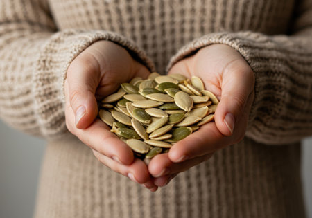 Two hands cradle a collection of green and tan pumpkin seeds indoors, showcasing a warm and inviting atmosphere.の素材