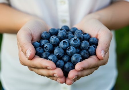 A pair of hands cradle a large quantity of fresh blueberries outdoors, showing the vibrant color and natural beauty of the fruit.の素材