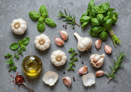 Fresh garlic cloves, onions, and aromatic herbs lay on a kitchen counter ready for cooking. Olive oil and spices complete the setup.の素材