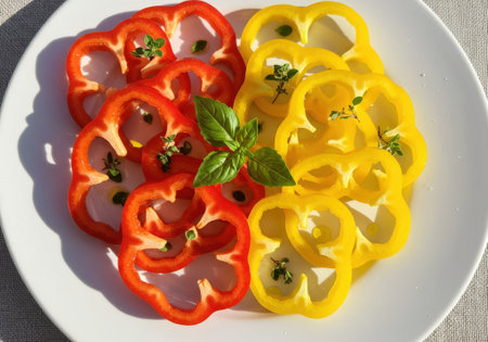 Freshly cut red and yellow bell peppers are beautifully arranged on a white plate, garnished with herbs on a sunny day.の素材