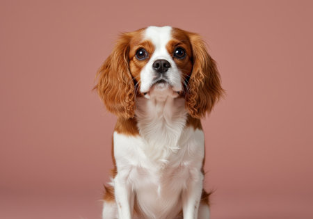 A beautiful Blenheim Cavalier King Charles Spaniel sits poised on a light pink background, showing its charming features and playful nature.の素材