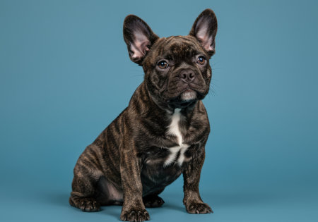 A brindle French Bulldog poses calmly on a light blue background, showing its unique coat and charming expression.の素材