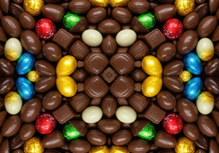 A dazzling array of colorful chocolate candies forms a kaleidoscope pattern, showing vivid hues and diverse shapes in a festive arrangement.の素材