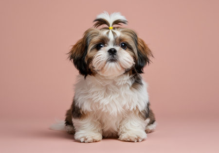 Shih Tzu puppy sits on a smooth pink background, showing its fluffy coat and adorable expressions, capturing the charm of small dogs.の素材