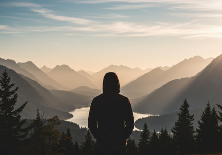 Individual stands on a mountain ridge, gazing at the expansive landscape with peaks and a lake at sunset.の素材