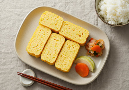 Tamagoyaki is beautifully plated with fluffy rice and vibrant pickled vegetables. Enjoy a classic Japanese breakfast experience.の素材
