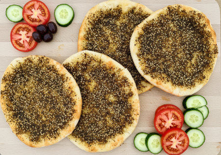 Freshly baked Manoushe topped with zaatar, garnished with vegetables, is a popular breakfast choice in Beirut.の素材