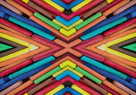 Brightly colored chalk pastels are symmetrically aligned to create an eye-catching kaleidoscope design.の素材