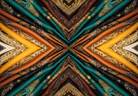 A collection of colorful scarves arranged in a striking kaleidoscope pattern showcases various textures and designs in vibrant hues.の素材